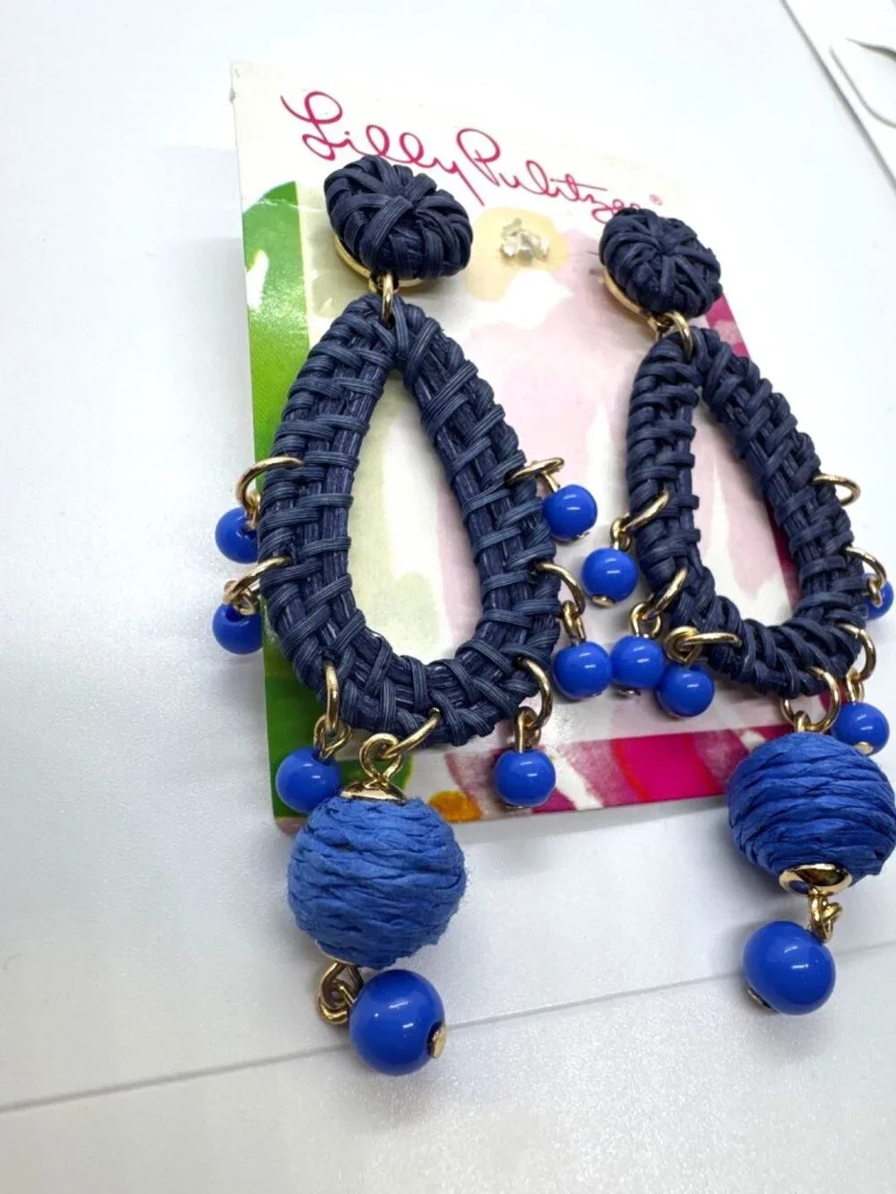 Lilly Pulitzer GWP Raffia Drop Earrings Alba Blue Beaded Teardrop Coastal Beachy